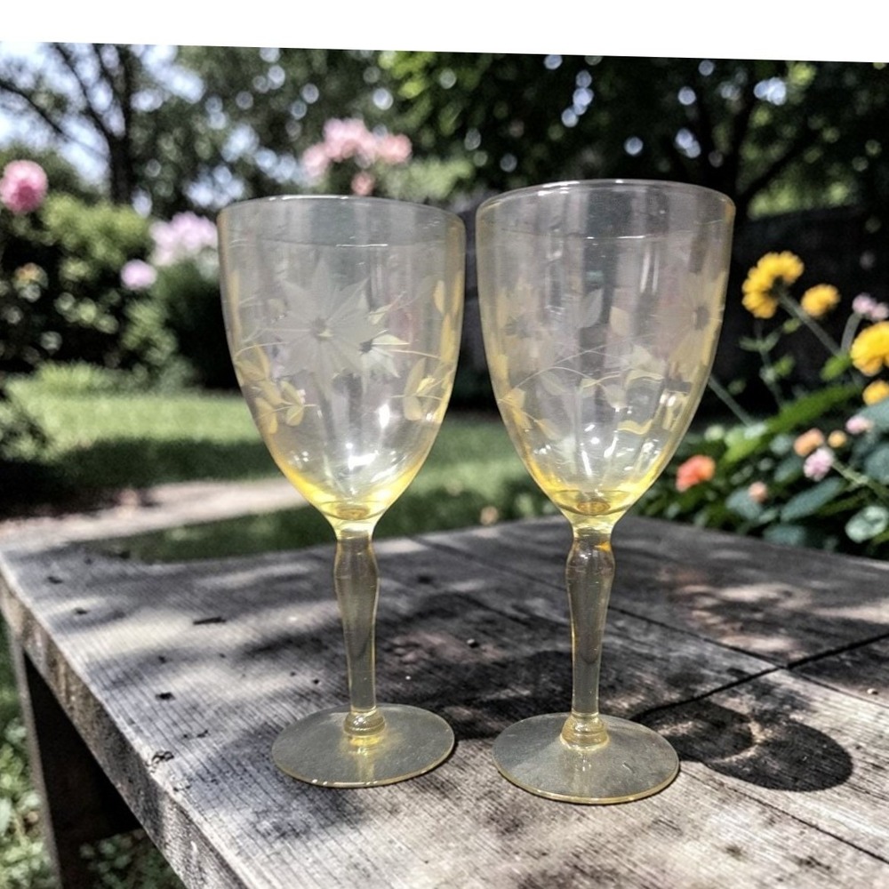 Lancaster Jubilee Yellow Wine Goblets, Set of 2, Floral Etched Optic Stemware